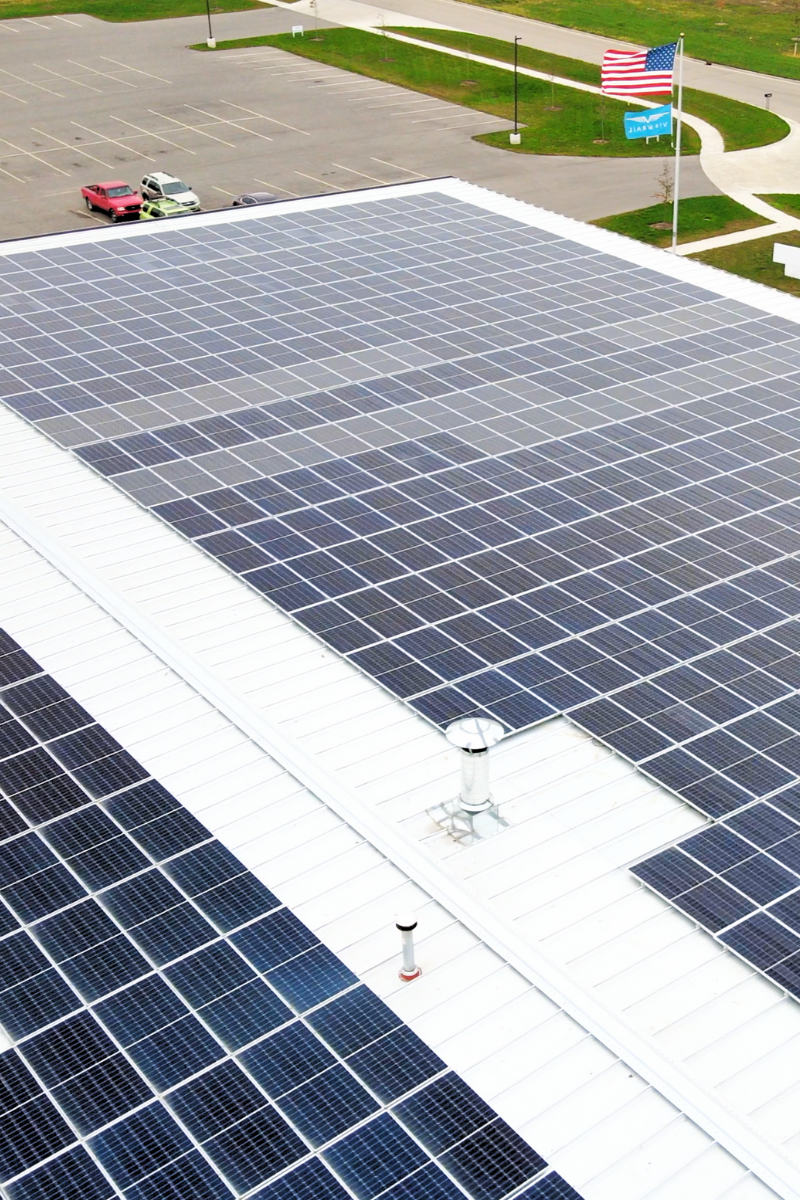 Solar panels cover the roof of one of Viewerail's nine manufacturing facilities in Goshen, IN.