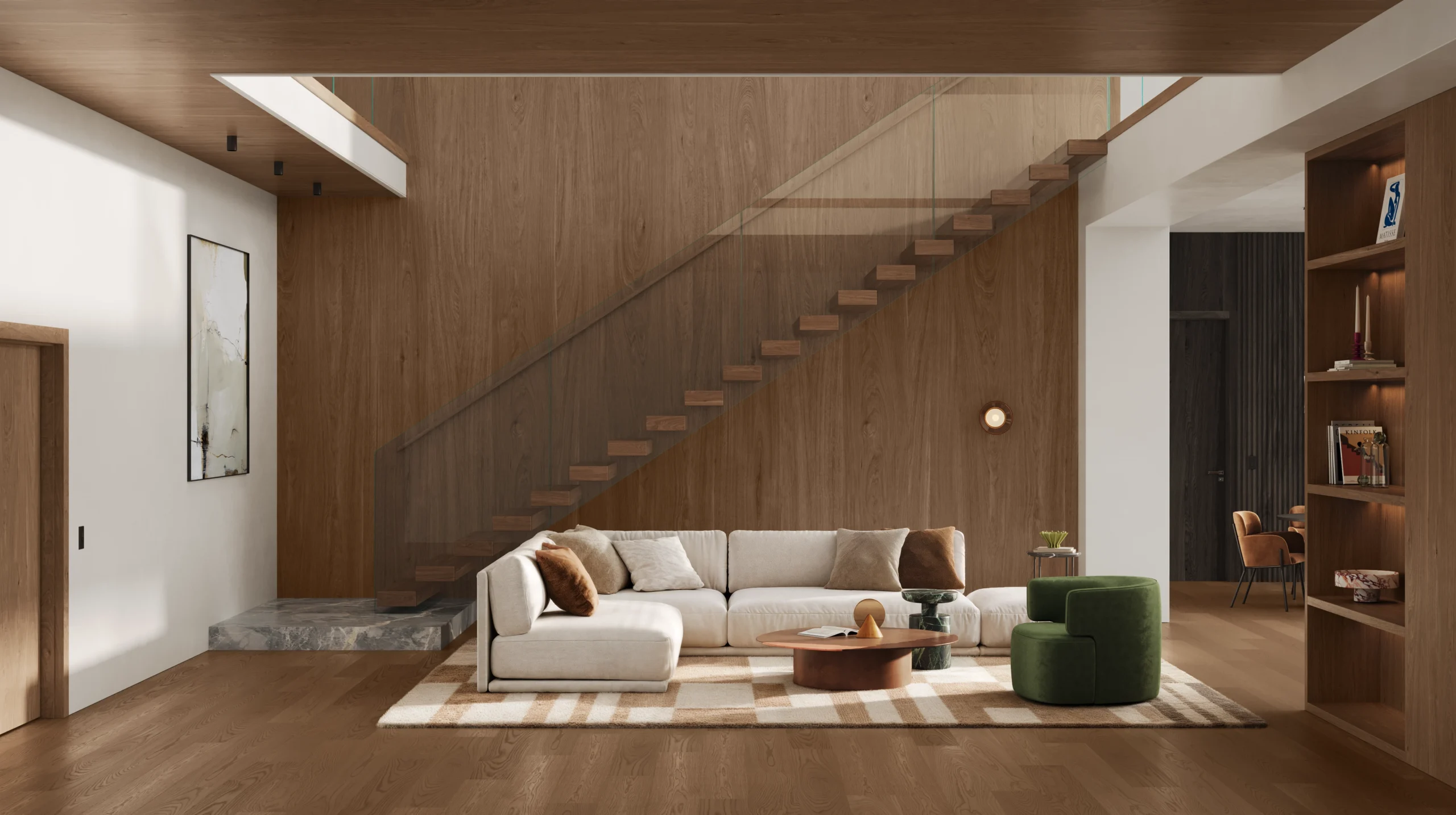 Ash Llama Floor, Wall, and Treads on a FLIGHT Cantilever system with Vedera Glass