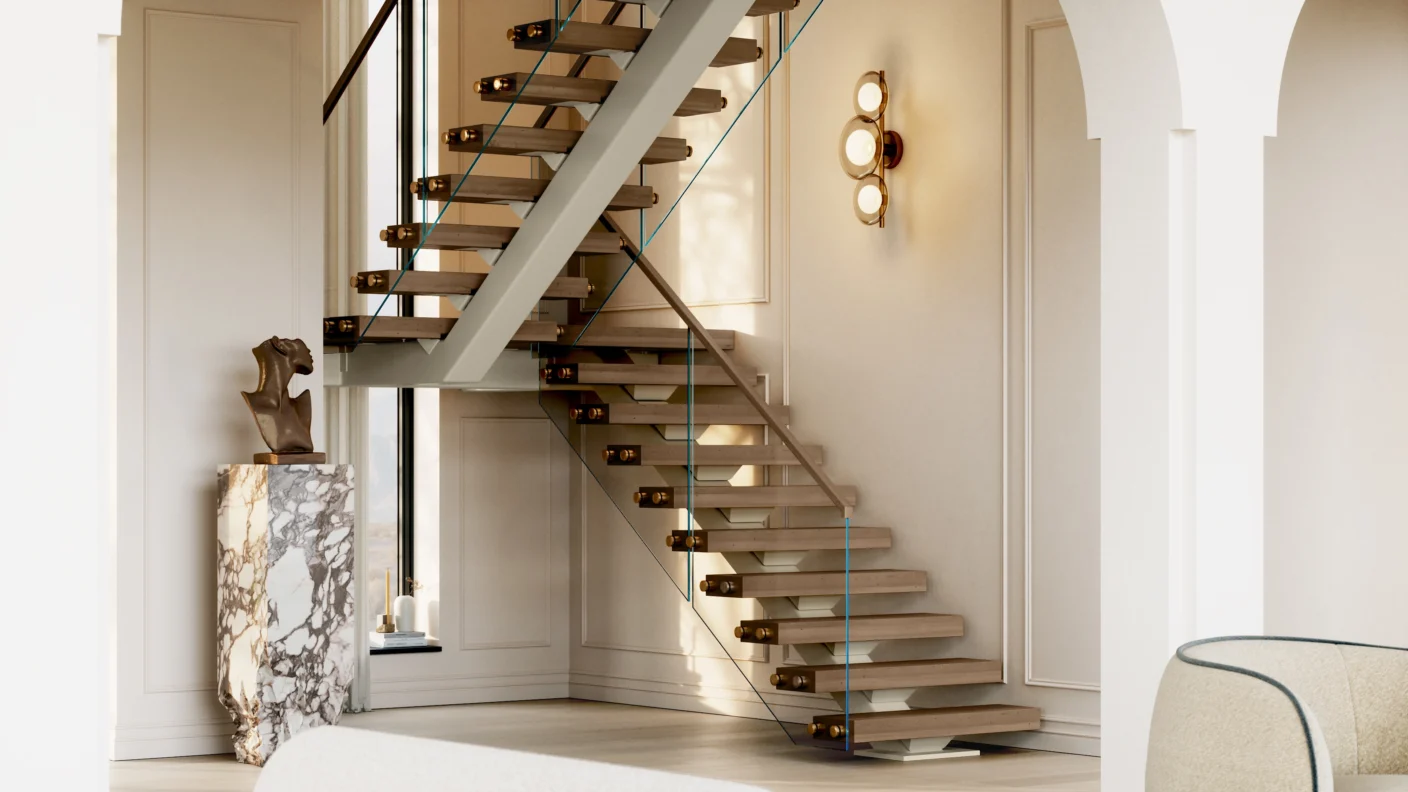 A FLIGHT Mono stair system with light bronze glass and brass Standoff Pins for the glass railing.