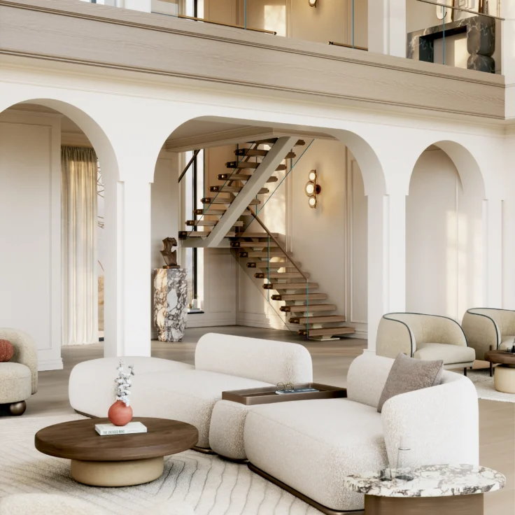 A large, modern home with a FLIGHT Mono in the back corner beyond the living room.