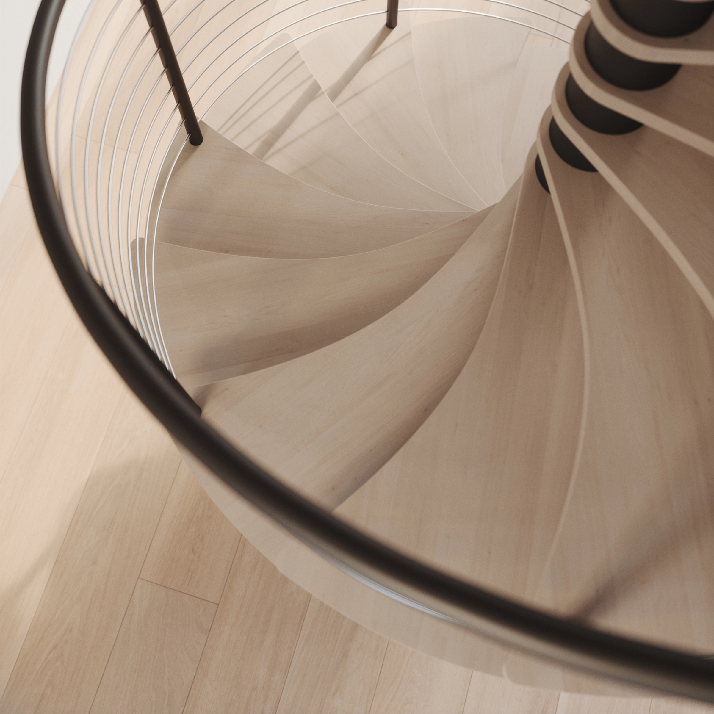 Interior FLIGHT Spiral Wood Paired with matching hardwood floors.