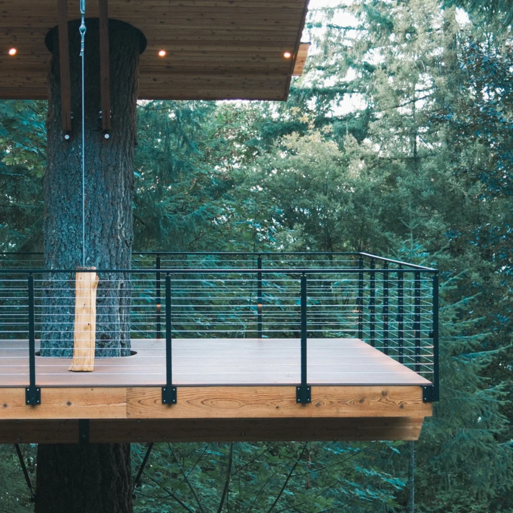 Side Mount Cable Railing for a treetop tasting room nestled in the trees on Parrett Mountain.